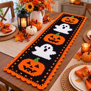 May include: A rectangular crochet table runner featuring a repeating pattern of orange jack-o'-lanterns and white ghosts on a black background, finished with a scalloped orange border. The runner is displayed on a wooden table with autumn decor.