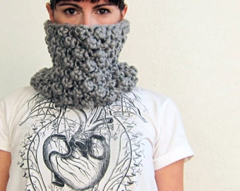 Hand knitted Neck warmer. Cowl. Headband.  Hat. Super soft and chunky. Silver Grey.