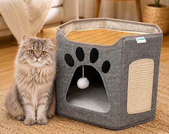 Kattenhuis met 2 verdiepingen, krabpaal, opvouwbare schuilplaats voor binnen en comfortabel bed, kattenmeubel