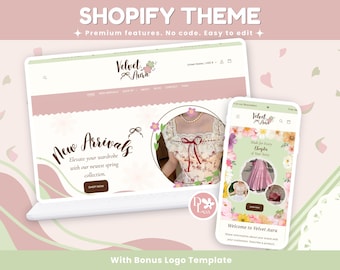Könnte beinhalten: Ein Shopify-Theme mit Desktop- und Mobilansicht für die Marke Velvet Aura. Das Design umfasst eine sanfte Farbpalette in Rosa und Grün, florale Grafiken und ein kreisförmiges Bild eines Kleidungsstücks mit einer roten Schleife.