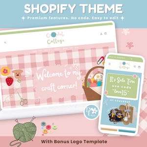Könnte beinhalten: Ein digitales Shopify-Theme mit einer Website- und Mobil-Oberfläche auf einem rosa karierten Hintergrund. Die Website zeigt den Text "Welcome to my craft corner!" und der mobile Bildschirm zeigt "It's Sale Time use code "love15" at checkout."