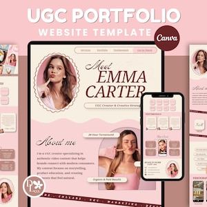 Puede incluir: Una plantilla de sitio web de portafolio UGC para Canva con una paleta de colores rosa suave y crema. El diseño incluye secciones para biografía, testimonios, colaboraciones de marca y servicios, con marcadores de posición para fotos y texto.