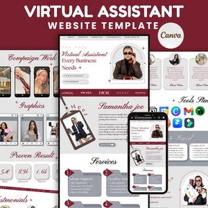 May include: A Virtual Assistant website template for Canva featuring a dark red and white color scheme. The layout includes sections for services, testimonials, and a portfolio, with placeholder text and images of a person in a blazer.