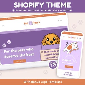 May include: A digital display of a Shopify theme for a pet store named Pet Paw's, featuring a laptop and smartphone interface. The design includes purple and orange color schemes, a cartoon dog illustration, and text reading For the pets who deserve the best.