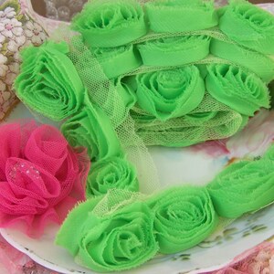 Green Rosette Ribbon, Rosettes, Rose Trims, Rose Ribbons, Shabby Style, Cottage Chic, Springtime Trims, Springtime Ribbons, Roses, Rose