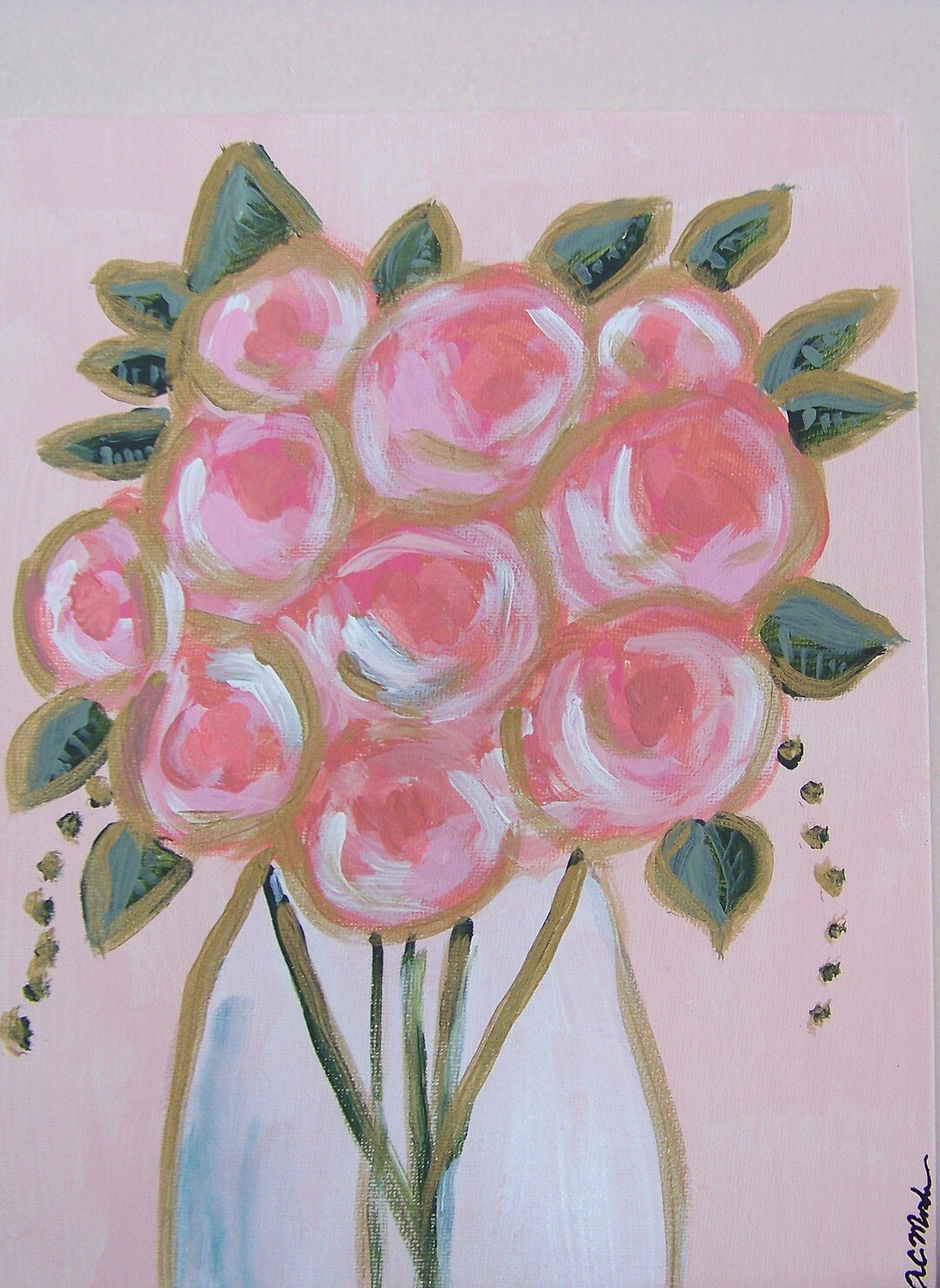 Peach Pink Roses Paintings, Rose Bouquet Painting, Small Paintings, Shabby Chic Paintings