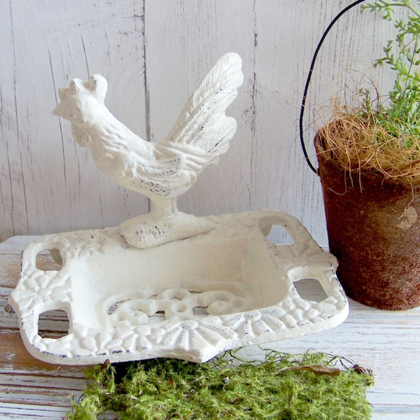 White Cast Iron Rooster Soap Dish and Business Card Holder, Farmhouse Rooster Soap Dish, Farmhouse Decor, Farmhouse Business Card Holder