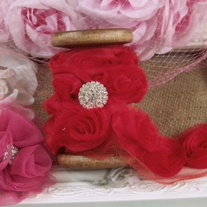 Red Rosette Ribbon, Rose Trims, Red Ribbons, Rosette Ribbons, Red, Romantic Supplies, Shabby Style, Cottage Chic, Roses, Sewing Ribbons