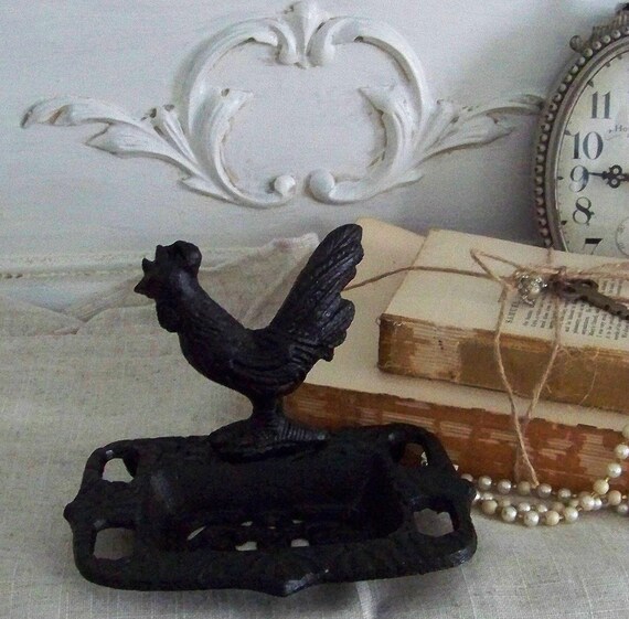 Cast Iron Rooster Soap Business Card Dish Sponge Holder Home Kitchen Bath Decor 