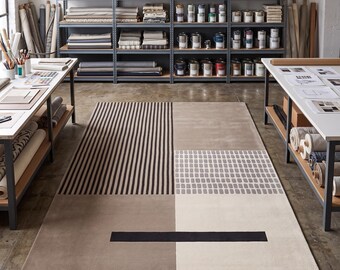 Geometric Hand Tufted Wool Rug | Modern Abstract Neutral Area Rug | Beige, Taupe & Black Minimalist Color Block Carpet for Living Room