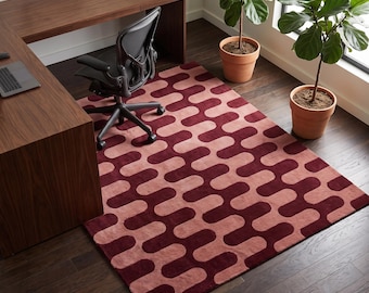 Retro Geometric Hand Tufted Wool Rug | Burgundy and Dusty Rose Pink Area Rug | Mid Century Modern Wavy Pattern Rug for Living Room or Office