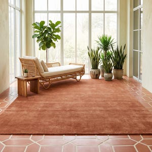 Puede incluir: Una alfombra grande, rectangular y de color terracota sólido con una textura de pelo corto y denso. La alfombra está colocada sobre un suelo con baldosas geométricas claras, extendiéndose por el primer plano de una habitación luminosa.