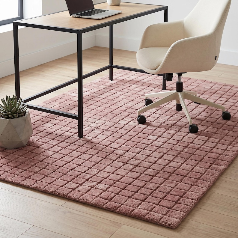 May include: A rectangular area rug featuring a textured, grid-like pattern of raised squares in a dusty rose color. The rug is positioned beneath a desk with a black metal frame and a light wood top, and a cream-colored swivel office chair with wheels.