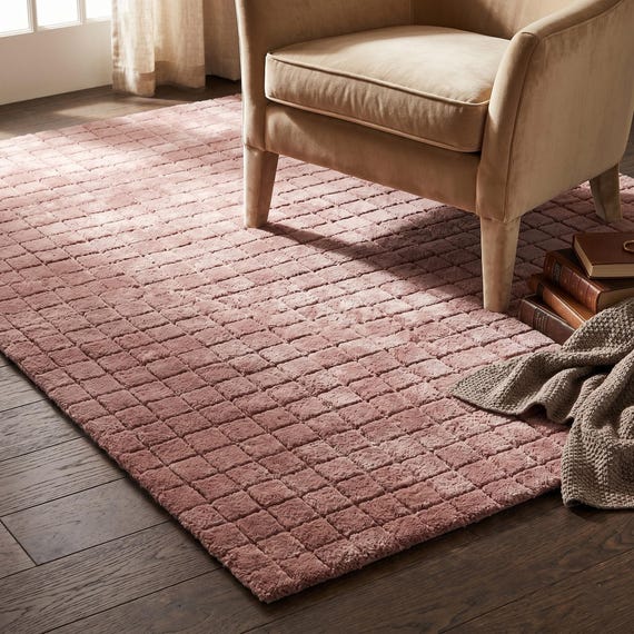 Hand Tufted Wool Area Rug | Dusty Pink Grid Pattern Carpet | 3D Textured Mauve Geometric Rug | Minimalist Modern Home Office Decor