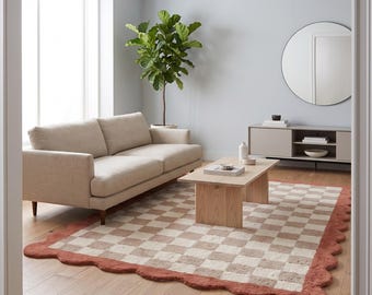 8x10 Scalloped Checkered Area Rug | Hand Tufted Wool Wavy Border Carpet | Terracotta and Beige Checkerboard Rug for Cozy Living Room