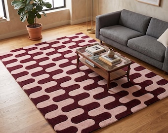 Hand Tufted Wool Area Rug | Burgundy and Blush Pink Geometric Carpet | Retro Mid Century Modern Wavy Pattern | Trendy Living Room Decor