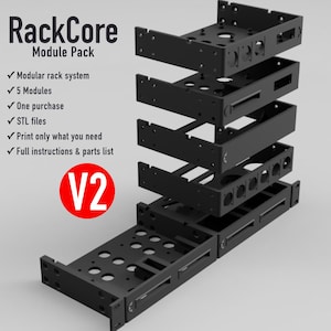 May include: A black RackCore Module Pack V2 modular rack system featuring five distinct black modules with various circular cutouts and rectangular slots. The text RackCore Module Pack V2 and a list of features are printed on the left side of the image.