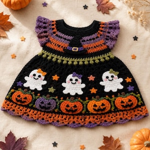 May include: A black crochet dress featuring a ruffled neckline, a small witch hat appliqué, and a skirt decorated with three white ghost figures with bows and a row of orange and purple jack-o'-lantern pumpkins with green vines and stars.