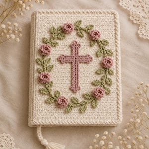 May include: A cream-colored crocheted book cover featuring a central dusty pink cross surrounded by a wreath of small dusty pink roses and sage green leaves. The cover includes a matching cream-colored crocheted tassel attached to the bottom spine.