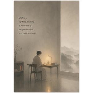 May include: A wall art print featuring a person sitting at a desk writing, illuminated by a small lamp. The text reads: Writing is my time machine. It takes me to the precise time and place I belong. A large window shows a misty mountain landscape.