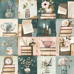 May include: A grid of sixteen square illustrations featuring various still life compositions including glass vases with lavender, books, teapots, candles, clocks, and roses in shades of teal, cream, brown, and soft pink with visible text.