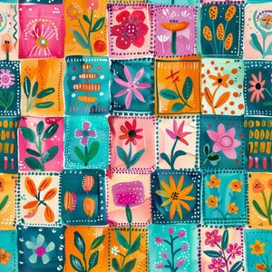 May include: A repeating pattern of rectangular blocks, each featuring a unique hand-painted style floral illustration. The vibrant grid displays various flowers and foliage in shades of teal, orange, pink, and yellow, with dotted borders framing each individual square section.