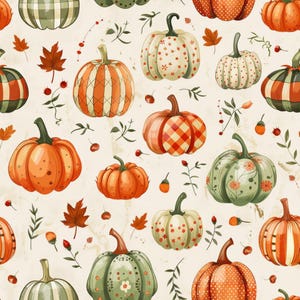 May include: A seamless pattern featuring various pumpkins in shades of orange, green, and cream, decorated with patterns like plaid, polka dots, and floral motifs. Small autumn leaves, berries, and sprigs are scattered across the light background.