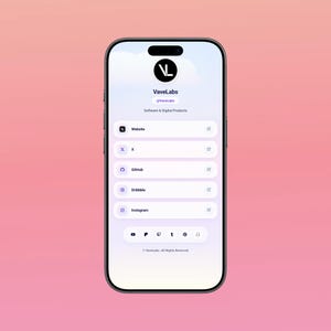 May include: A smartphone displaying a VaveLabs profile page with a gradient background. The screen shows a logo, the handle @VaveLabs, and a list of links for Website, X, GitHub, Dribbble, and Instagram, plus social media icons and copyright text.