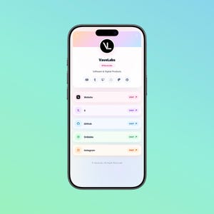 Può includere: Uno smartphone mostra la pagina del profilo VaveLabs con uno sfondo sfumato. Lo schermo presenta un logo circolare, il testo VaveLabs, icone dei social media e un elenco di link tra cui Website, X, GitHub, Dribbble e Instagram con pulsanti.