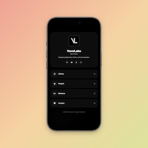 Könnte beinhalten: Ein schwarzes Smartphone mit einer dunkel gestalteten Benutzeroberfläche für VaveLabs. Der Bildschirm zeigt ein Profil mit dem Text VaveLabs, Designing digital tools, UI kits, and web templates sowie Schaltflächen für GitHub, Playlist, Behance und Contact.