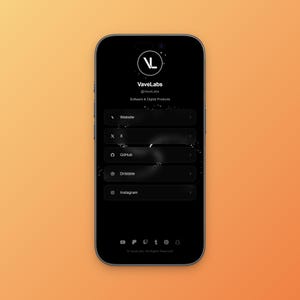 May include: A smartphone screen displaying a dark interface with the VaveLabs logo, username, and a list of links including Website, X, GitHub, Dribbble, and Instagram. The bottom features social media icons and the text VaveLabs. All Rights Reserved.