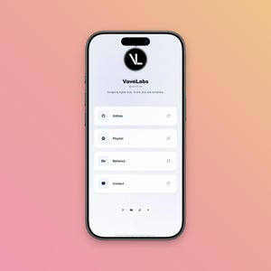 May include: A smartphone screen displaying the VaveLabs profile page. The interface features a circular logo, the text VaveLabs, and a list of links including GitHub, Playlist, Behance, and Contact. Social media icons are at the bottom of the screen.