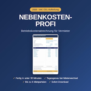 Op de afbeelding: Een digitaal documentsjabloon getiteld NEBENKOSTEN-PROFI met de tekst 2026 inkl. CO2-Aufteilung. Het toont een overzicht van servicekosten voor verhuurders, met een tabel voor kostenposten en bedragen, aangevuld met diverse kenmerken.