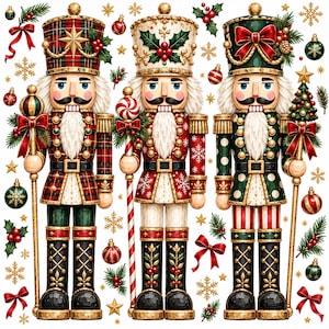 May include: Three decorative nutcracker figures standing in a row, each wearing a tall hat and holding a staff. They are surrounded by festive Christmas icons including red bows, green holly sprigs, gold snowflakes, and colorful baubles.