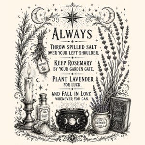 Puede incluir: Una ilustración en blanco y negro con un bloque de texto central: ALWAYS THROW SPILLED SALT OVER YOUR LEFT SHOULDER, KEEP ROSEMARY BY YOUR GARDEN GATE, PLANT LAVENDER FOR LUCK, AND FALL IN LOVE WHENEVER YOU CAN. Rodeado de dibujos botánicos, una vela, un frasco de sal, un caldero y un libro de hechizos.