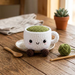 May include: A white crocheted mug with a green top, featuring a smiling face with black eyes and pink cheeks. The mug has two small brown feet, a handle, and sits on a ceramic saucer. Beside it are a wooden spoon, a green yarn ball, and a crochet hook.