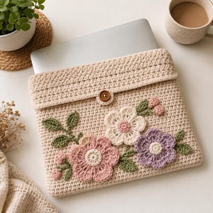 Può includere: Una custodia per laptop all'uncinetto color beige con chiusura a patta e un bottone marrone. La parte anteriore è decorata con applicazioni tridimensionali di fiori bianchi, rosa e viola con foglie verdi e piccoli boccioli rosa cuciti.