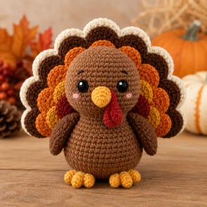 Puede incluir: Un peluche de pavo tejido a ganchillo en color marrón con una cola en forma de abanico con capas de hilo marrón oscuro, naranja, amarillo y crema. El pavo tiene un pico amarillo, una carúncula roja, ojos negros y mejillas rosadas.