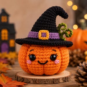 May include: A crocheted orange pumpkin with a smiling face, black eyes, and pink cheeks, wearing a black witch hat with a purple band, a yellow buckle, and green curly accents. The pumpkin is crafted with textured yarn stitches.