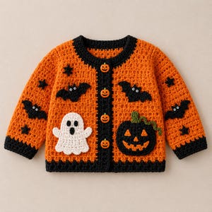 Può includere: Un cardigan all'uncinetto arancione con bordi neri, maniche lunghe e chiusura frontale con bottoni. Il capo è decorato con applicazioni di pipistrelli neri, stelle nere, un fantasma bianco e una zucca nera, con piccoli bottoni a forma di zucca.