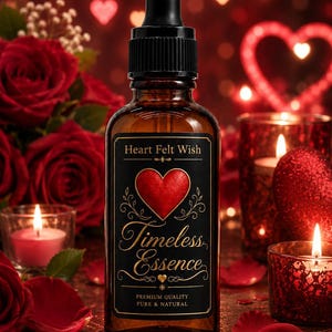 May include: An amber glass dropper bottle with a black cap and a black label. The label features a red heart icon, gold decorative flourishes, and the text: Heart Felt Wish, Timeless Essence, Premium Quality, Pure & Natural.