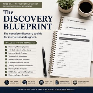 May include: The Discovery Blueprint instructional design toolkit features a spiral-bound workbook with a Training Recommendation Matrix, a black pen, and a list of 10 core templates including a Discovery Meeting Agenda and Learning Needs Analysis.