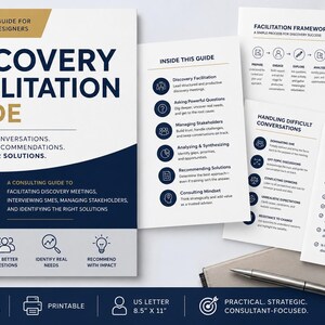 May include: A professional Discovery Facilitation Guide with a white and navy blue cover featuring the title and subheadings. The guide includes printed pages detailing facilitation frameworks, handling difficult conversations, and follow-up questions. It is a digital download, printable, and sized at 8.5 inches by 11 inches.