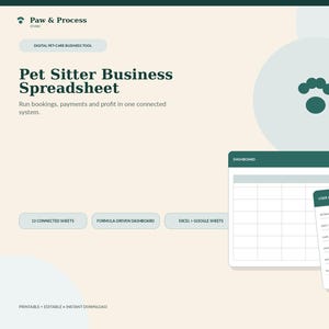 May include: A digital pet sitter business spreadsheet tool featuring the text Paw & Process, Pet Sitter Business Spreadsheet, 13 Connected Sheets, Formula-Driven Dashboard, Excel + Google Sheets, Dashboard, and User Guide on a light beige background.