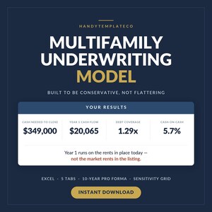 Conservative Multifamily Underwriting Model | Excel Rental Property Deal Analyzer | Apartment Cash Flow - Cap Rate - DSCR Spreadsheet