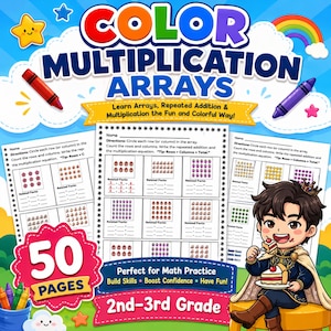 May include: A 50-page educational workbook titled Color Multiplication Arrays for 2nd-3rd grade math practice. The cover features colorful graphics, a red and purple crayon, and an illustration of a character eating cake.