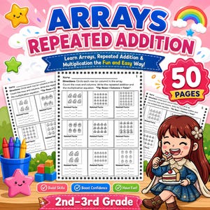 Op de afbeelding: Educatieve wiskundewerkbladen getiteld Arrays Repeated Addition voor leerlingen van groep 4 en 5. Het pakket van 50 pagina's bevat zwart-wit oefenbladen met cupcake-illustraties, vermenigvuldigingssommen en een cartoonfiguur.