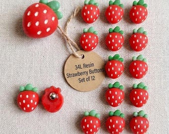 Juego de 12 botones de resina con forma de fresa roja – Artículos de costura y manualidades novedosos