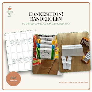 May include: A digital download for printable A4 paper bands designed for Ritter Sport Mini chocolate bars. The document features multiple rectangular labels with the text 'SCHON, DASS DU DA BIST' and floral graphics, shown applied to various colorful chocolate bars.