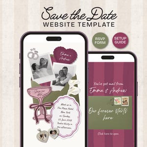 May include: A Save the Date website template displayed on two smartphones. The screens feature maroon and olive green graphics, including photos of a couple, a champagne glass illustration, and text reading Emma and Andrew, The Plaza Hotel, and Our forever starts here.